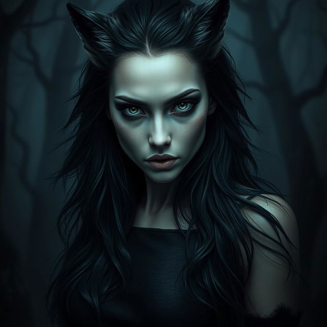 A dark and eerie portrayal of a beautiful female wolf-human hybrid, inspired by Nordic folklore