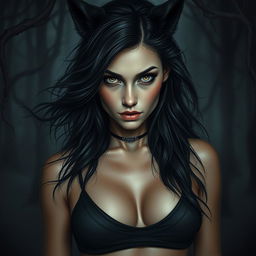 A dark and eerie portrayal of a beautiful female wolf-human hybrid, inspired by Nordic folklore