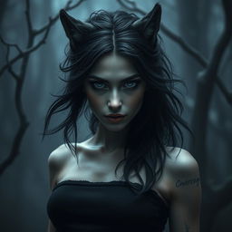 A dark and eerie portrayal of a beautiful female wolf-human hybrid, inspired by Nordic folklore