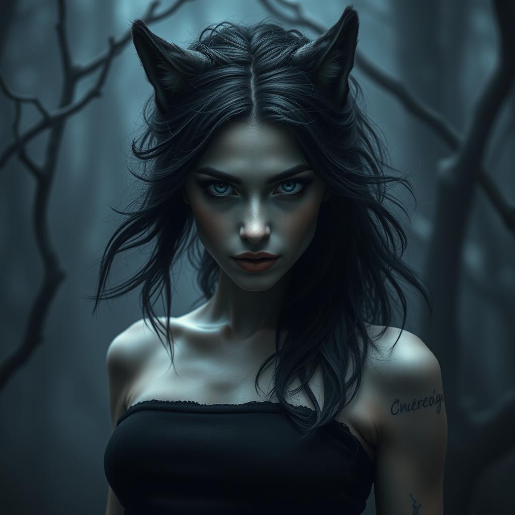 A dark and eerie portrayal of a beautiful female wolf-human hybrid, inspired by Nordic folklore