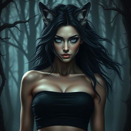 A dark and eerie portrayal of a beautiful female wolf-human hybrid, inspired by Nordic folklore