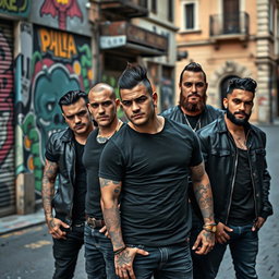 A striking image of five male thugs in a dynamic urban setting in Rome, Italy