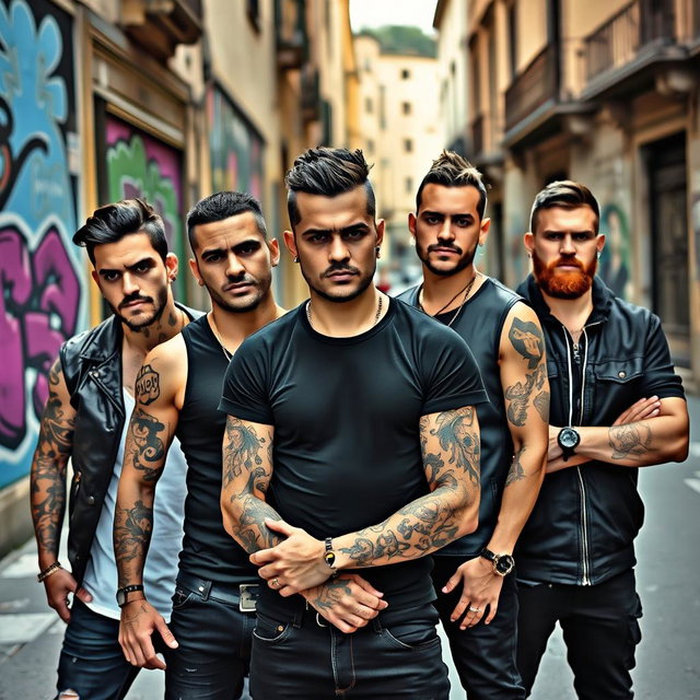 A striking image of five male thugs in a dynamic urban setting in Rome, Italy