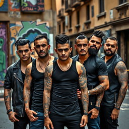 A striking image of five male thugs in a dynamic urban setting in Rome, Italy