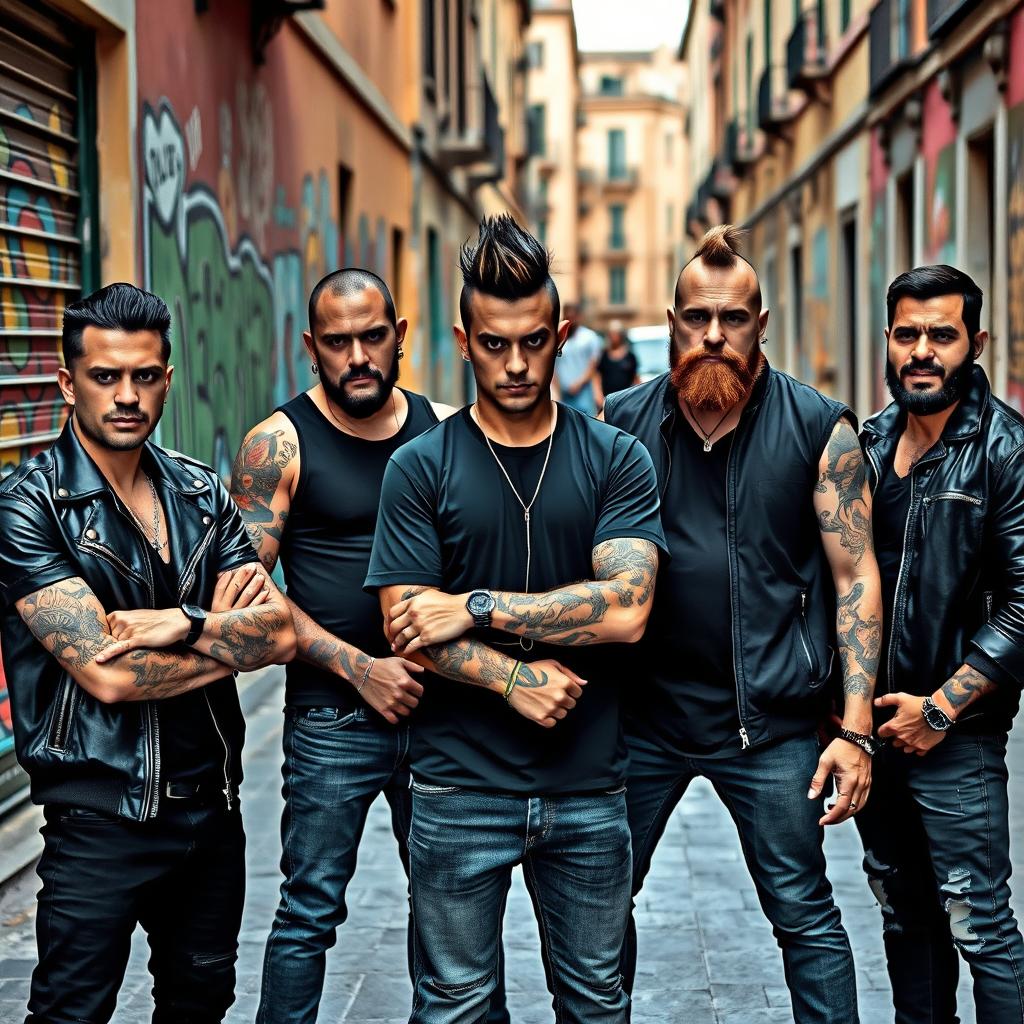 A striking image of five male thugs in a dynamic urban setting in Rome, Italy