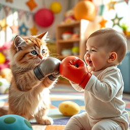 A playful scene showing an adorable cat and a cute baby engaging in a friendly boxing match