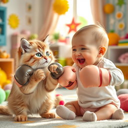 A playful scene showing an adorable cat and a cute baby engaging in a friendly boxing match