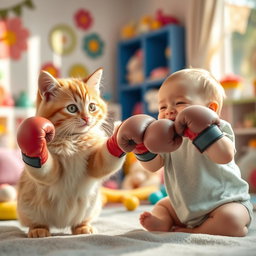 A playful scene showing an adorable cat and a cute baby engaging in a friendly boxing match