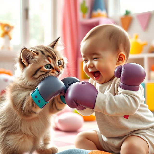 A playful scene showing an adorable cat and a cute baby engaging in a friendly boxing match