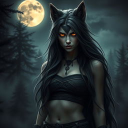 A beautiful yet dark and evil female human-wolf hybrid, inspired by Nordic mythology