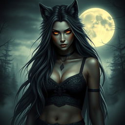 A beautiful yet dark and evil female human-wolf hybrid, inspired by Nordic mythology