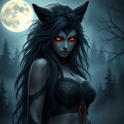 A beautiful yet dark and evil female human-wolf hybrid, inspired by Nordic mythology