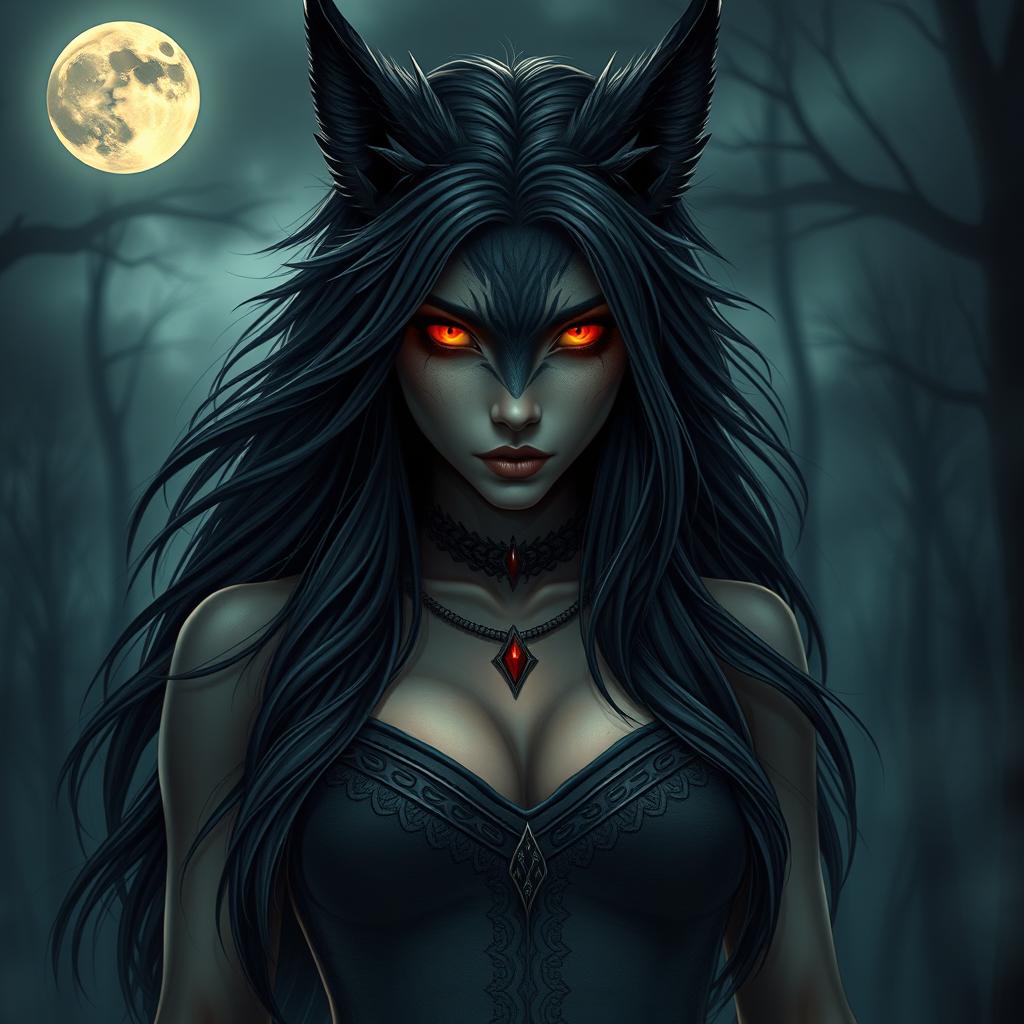 A beautiful yet dark and evil female human-wolf hybrid, inspired by Nordic mythology