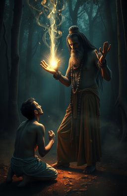 A mystical scene depicting a man and an Aghori, a Hindu ascetic known for their unconventional beliefs and practices