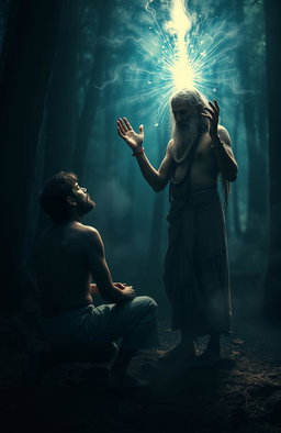 A mystical scene depicting a man and an Aghori, a Hindu ascetic known for their unconventional beliefs and practices