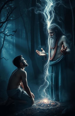 A mystical scene depicting a man and an Aghori, a Hindu ascetic known for their unconventional beliefs and practices