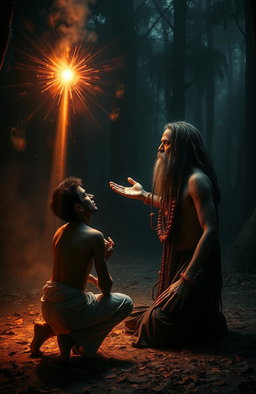 A mystical scene depicting a man and an Aghori, a Hindu ascetic known for their unconventional beliefs and practices
