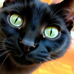 A close-up view of a beautifully detailed black cat's face, showcasing its striking green eyes, shiny black fur, and well-defined whiskers