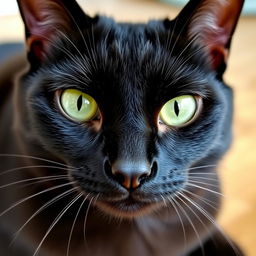 A close-up view of a beautifully detailed black cat's face, showcasing its striking green eyes, shiny black fur, and well-defined whiskers
