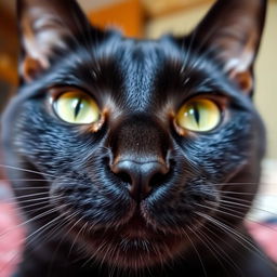 A close-up view of a beautifully detailed black cat's face, showcasing its striking green eyes, shiny black fur, and well-defined whiskers
