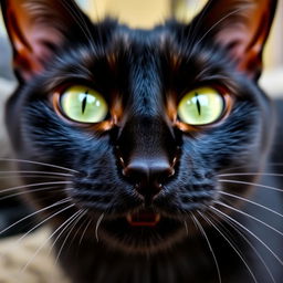 A close-up view of a beautifully detailed black cat's face, showcasing its striking green eyes, shiny black fur, and well-defined whiskers