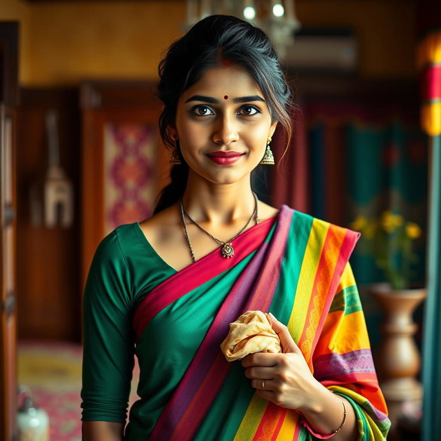 A striking portrait of a desi maid with traditional features, dressed in a colorful saree, elegantly draping over her shoulder, holding a cleaning cloth in her hand