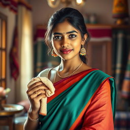 A striking portrait of a desi maid with traditional features, dressed in a colorful saree, elegantly draping over her shoulder, holding a cleaning cloth in her hand