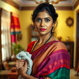 A striking portrait of a desi maid with traditional features, dressed in a colorful saree, elegantly draping over her shoulder, holding a cleaning cloth in her hand