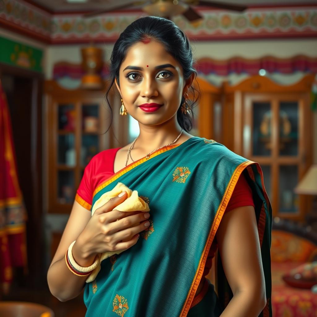 A striking portrait of a desi maid with traditional features, dressed in a colorful saree, elegantly draping over her shoulder, holding a cleaning cloth in her hand