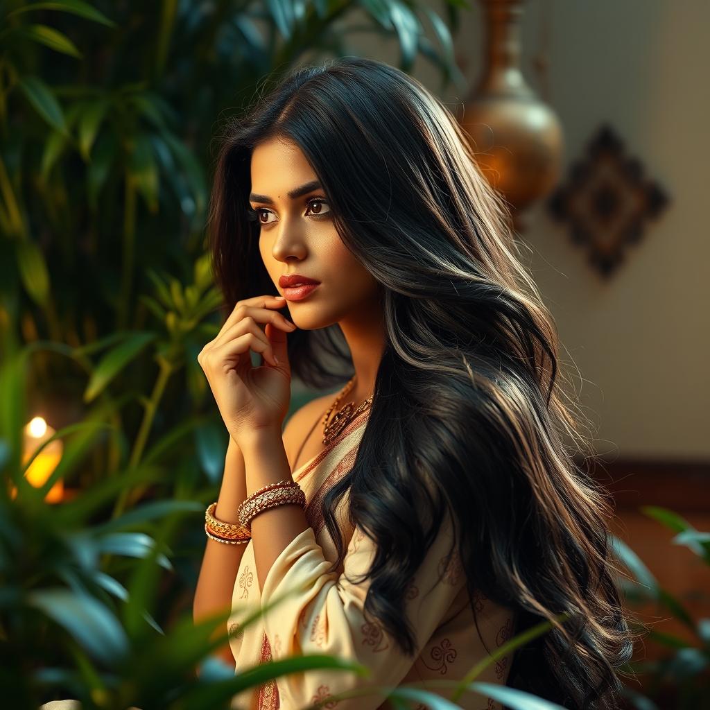 An artistic and tasteful depiction of a stunning desi maid with long, flowing hair, elegantly cascading over her shoulders, set in a serene and luxurious environment