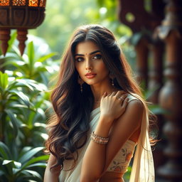 An artistic and tasteful depiction of a stunning desi maid with long, flowing hair, elegantly cascading over her shoulders, set in a serene and luxurious environment