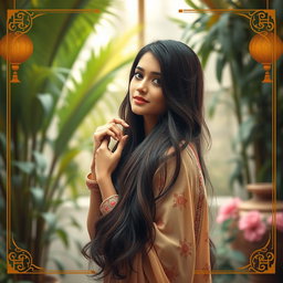 An artistic and tasteful depiction of a stunning desi maid with long, flowing hair, elegantly cascading over her shoulders, set in a serene and luxurious environment