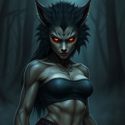A dark and evil female human-wolf creature inspired by Nordic folklore
