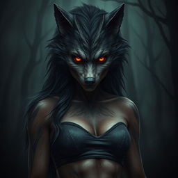 A dark and evil female human-wolf creature inspired by Nordic folklore