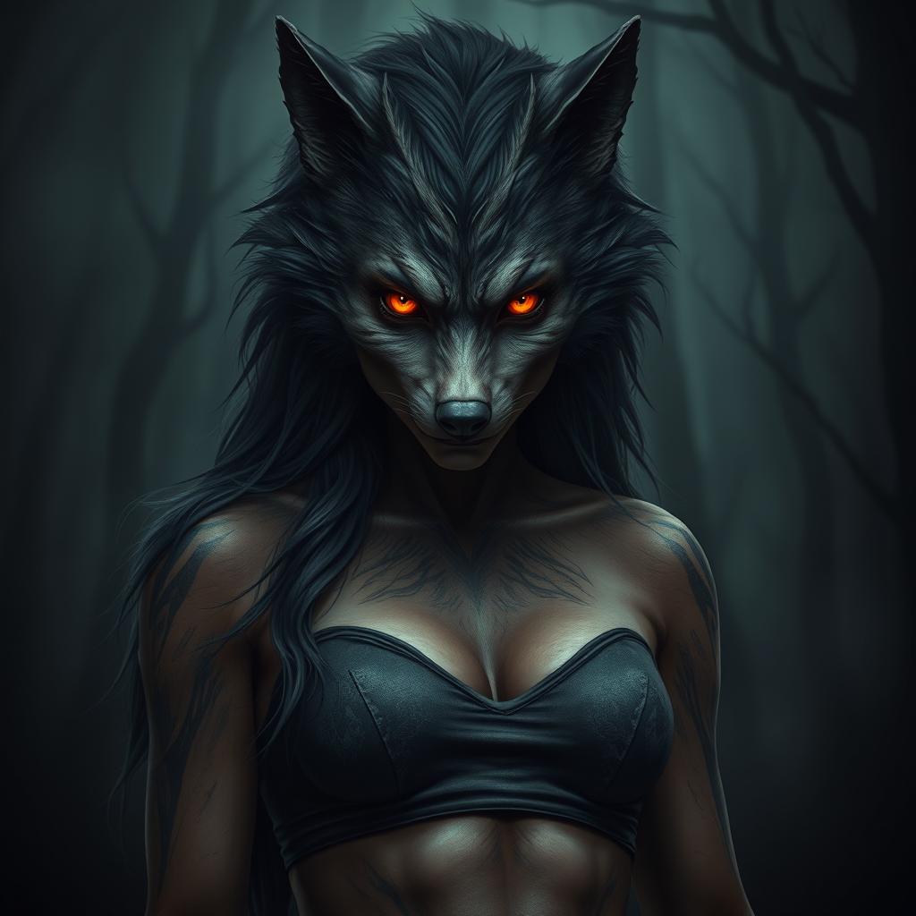 A dark and evil female human-wolf creature inspired by Nordic folklore