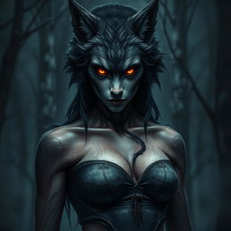 A dark and evil female human-wolf creature inspired by Nordic folklore