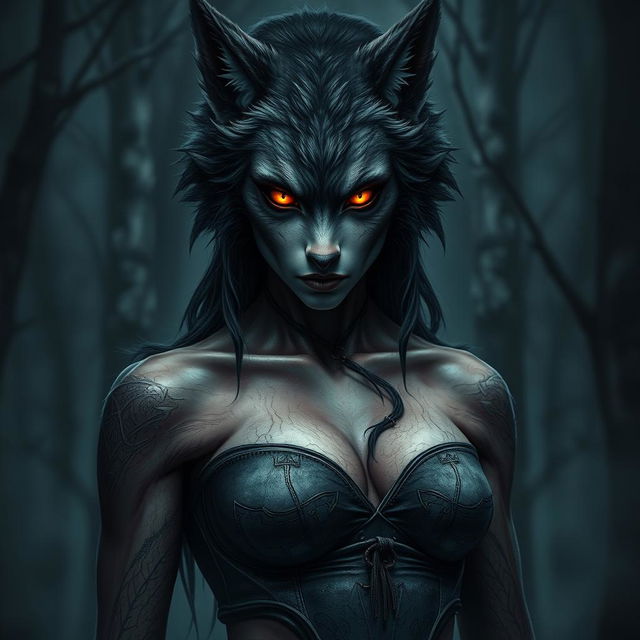A dark and evil female human-wolf creature inspired by Nordic folklore