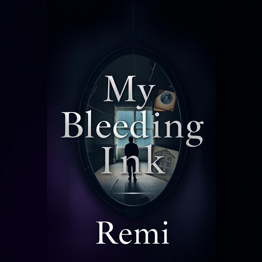 A haunting book cover for "My Bleeding Ink" by Remi, featuring a dark, moody backdrop with gradients of deep purple, midnight blue, and black