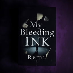 A haunting book cover for "My Bleeding Ink" by Remi, featuring a dark, moody backdrop with gradients of deep purple, midnight blue, and black