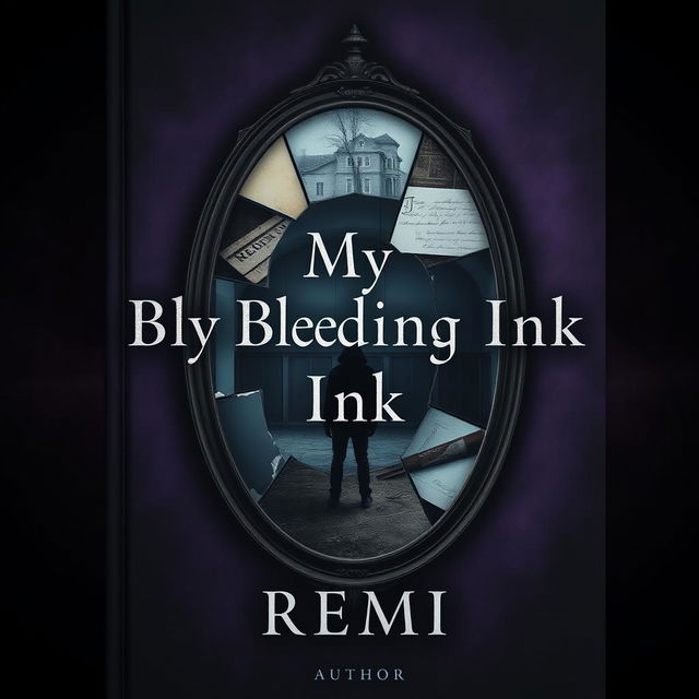 A haunting book cover for "My Bleeding Ink" by Remi, featuring a dark, moody backdrop with gradients of deep purple, midnight blue, and black