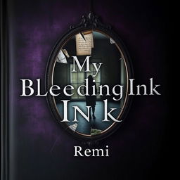 A haunting book cover for "My Bleeding Ink" by Remi, featuring a dark, moody backdrop with gradients of deep purple, midnight blue, and black