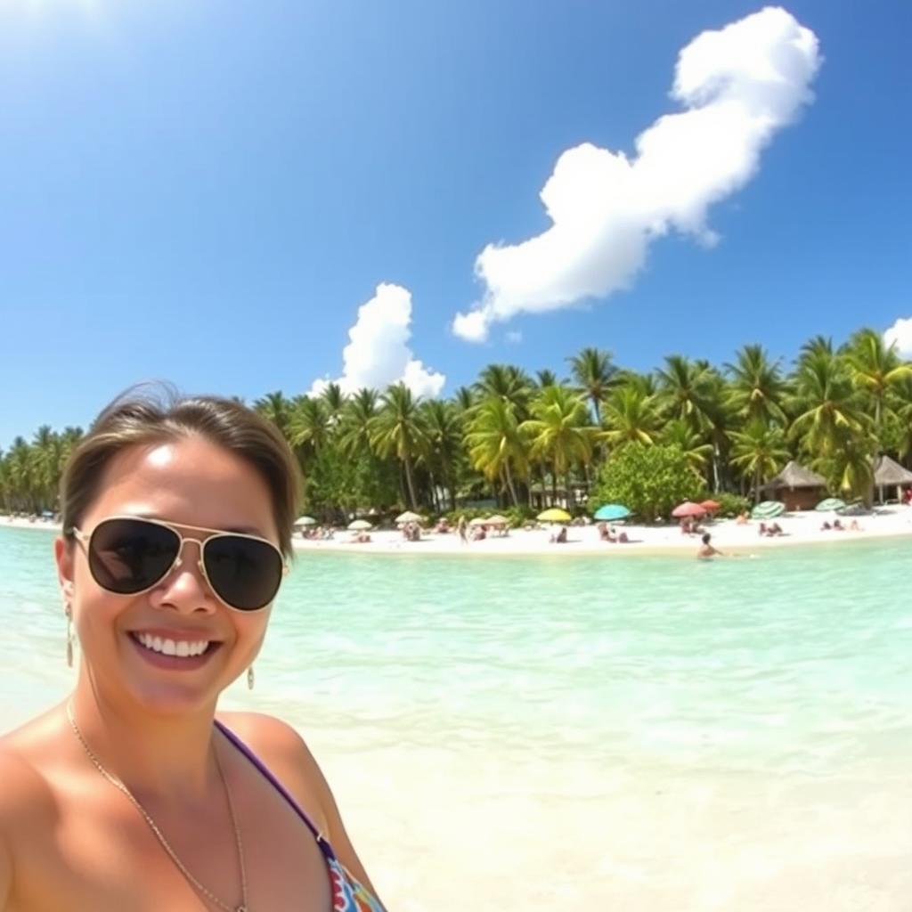 A vibrant tropical beach scene in the Philippines featuring clear turquoise waters, soft white sand, and lush green palm trees