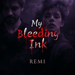 A captivating book cover for "My Bleeding Ink" by Remi, featuring a dark, misty background of swirling blacks and deep purples that creates an ethereal, dreamlike atmosphere
