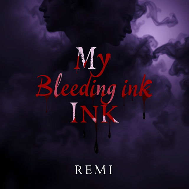 A captivating book cover for "My Bleeding Ink" by Remi, featuring a dark, misty background of swirling blacks and deep purples that creates an ethereal, dreamlike atmosphere