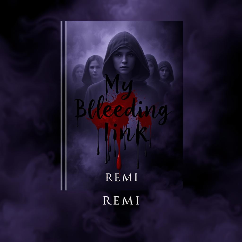 A captivating book cover for "My Bleeding Ink" by Remi, featuring a dark, misty background of swirling blacks and deep purples that creates an ethereal, dreamlike atmosphere
