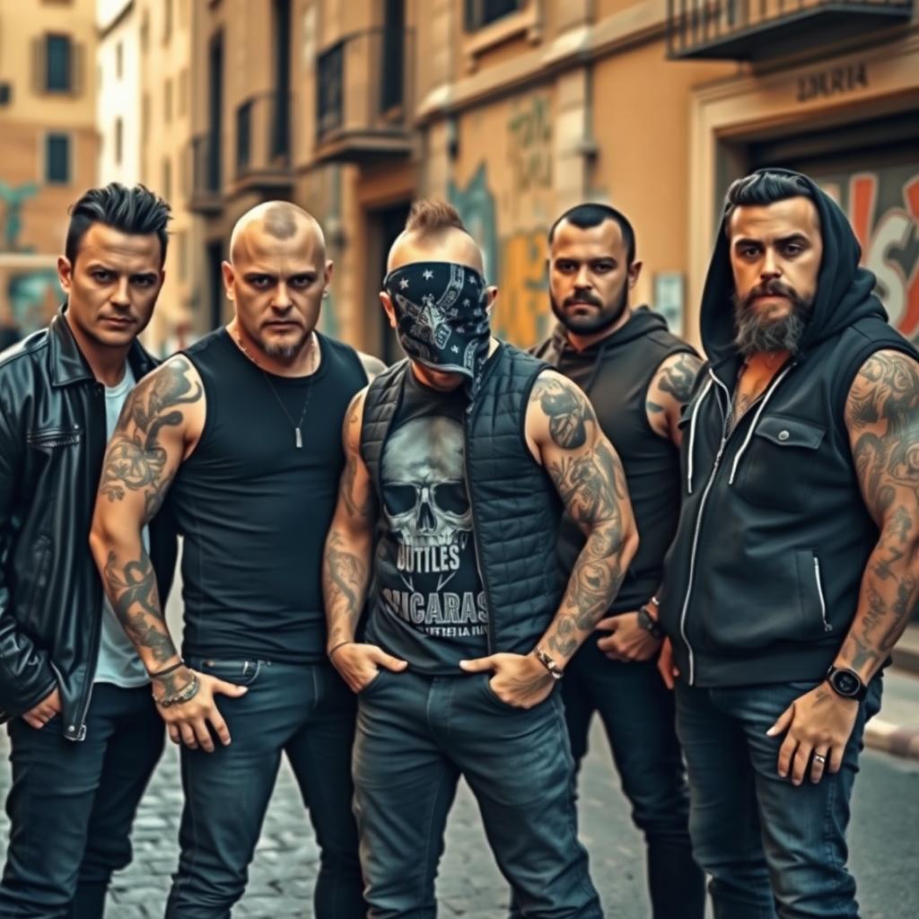 An intense scene of five male thugs in Rome, Italy, showcasing their tough thug appearance