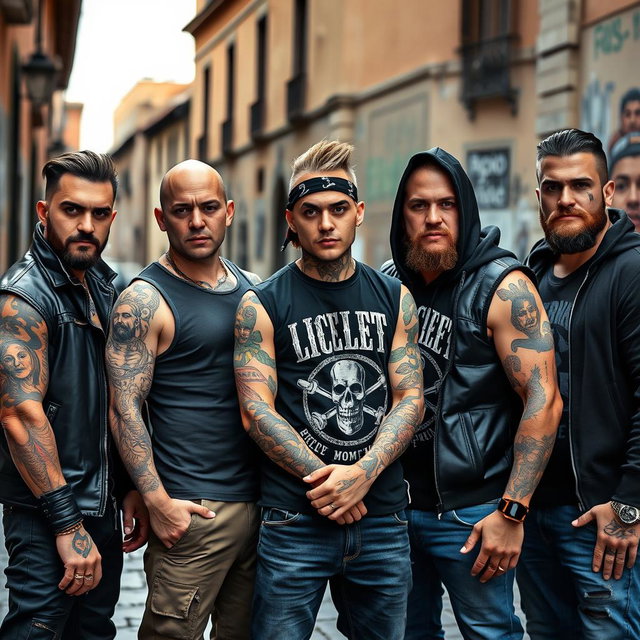 An intense scene of five male thugs in Rome, Italy, showcasing their tough thug appearance