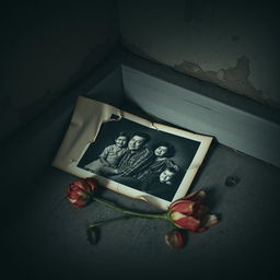A poignant scene depicting a faded family photograph lying in a forgotten corner, cracked and torn, with its edges curling with time