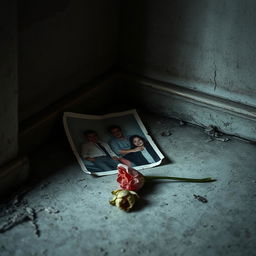 A poignant scene depicting a faded family photograph lying in a forgotten corner, cracked and torn, with its edges curling with time