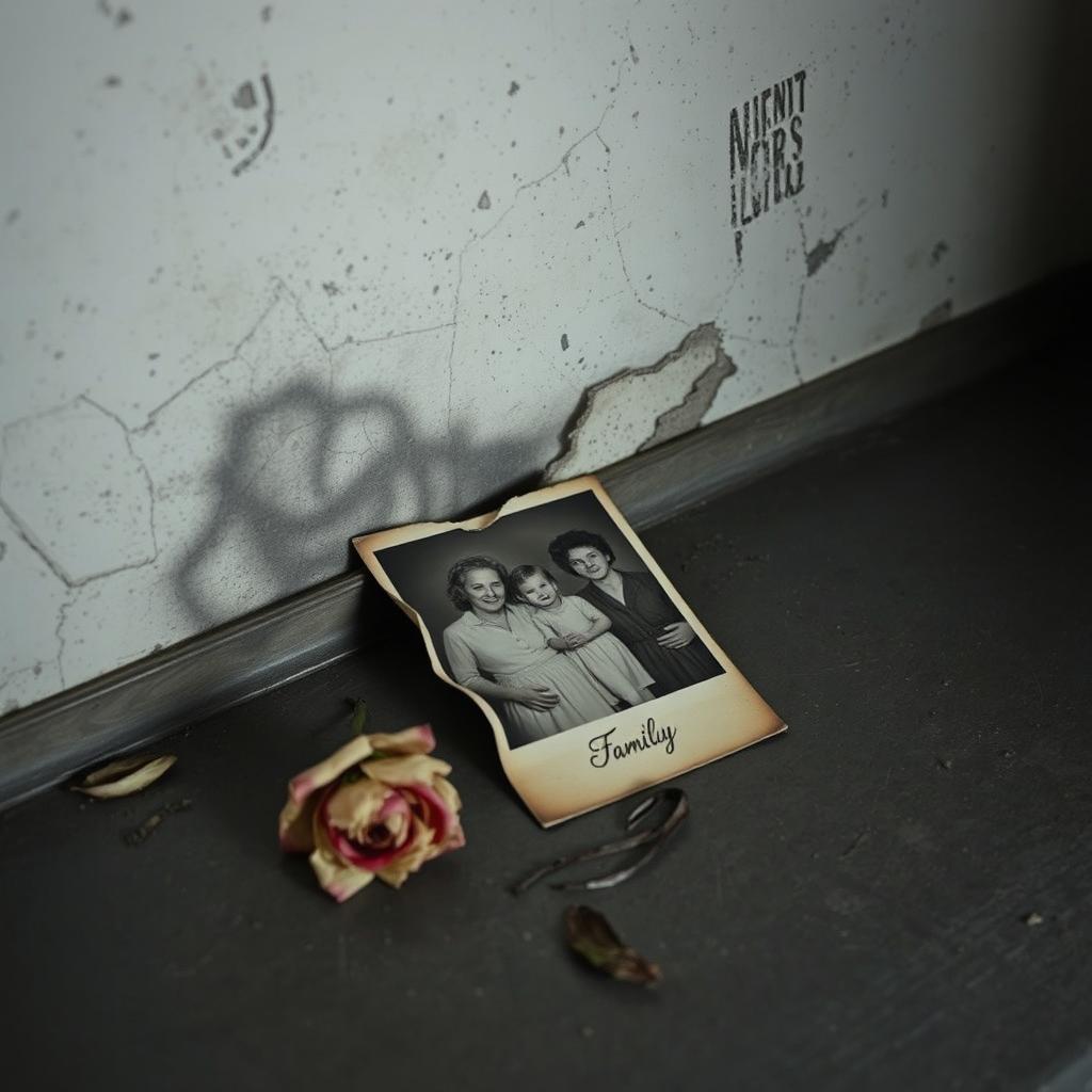 A poignant scene depicting a faded family photograph lying in a forgotten corner, cracked and torn, with its edges curling with time